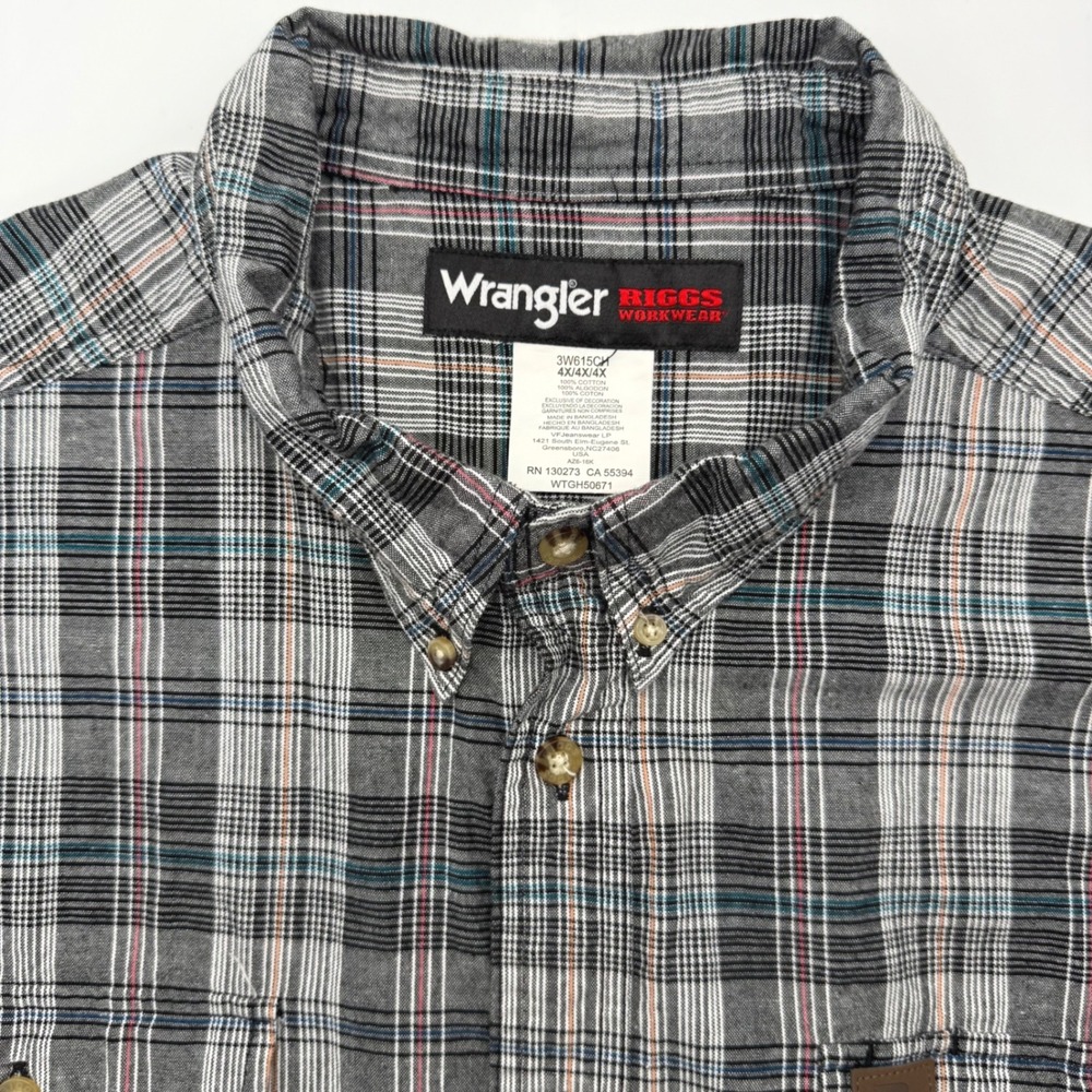 Wrangler Button Down Mens 4XL Grey Riggs Workwear Short Sleeve‎ Plaid Shirt